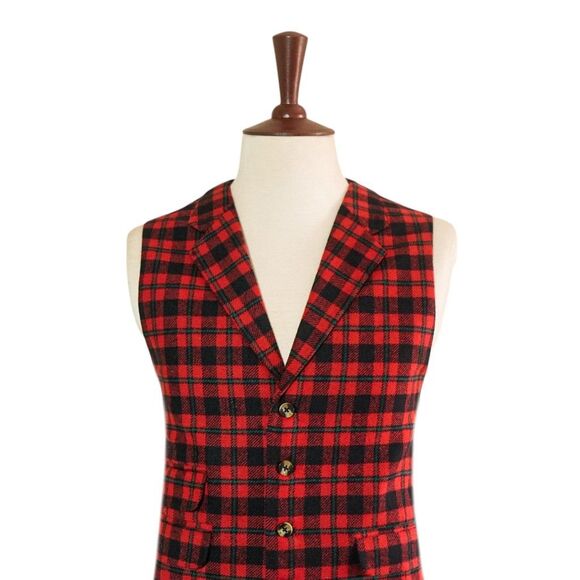 Mens 46R Plaid Vest Red Black Teal Wool Waistcoat Formal Wedding Preppy Casual - Picture 3 of 8